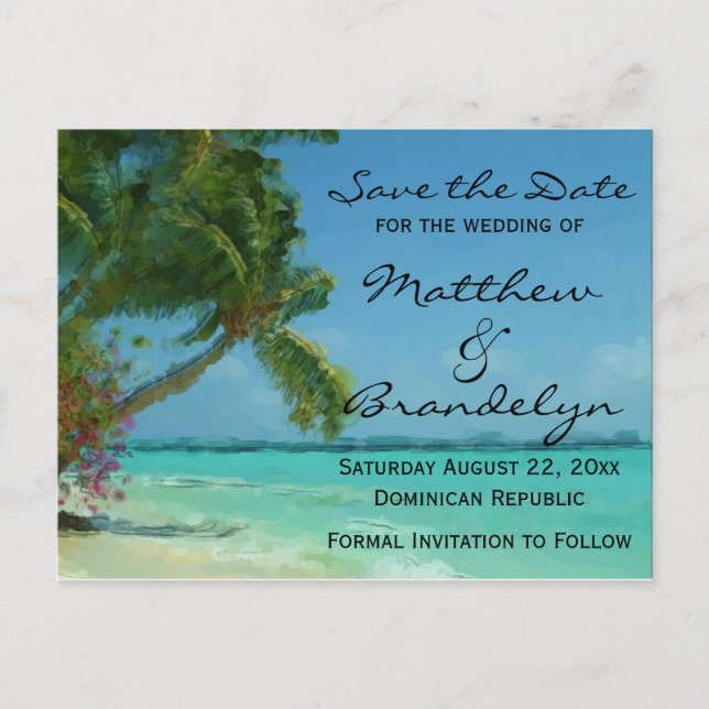 Palm Trees Ocean Save the Date Postcards (Front)