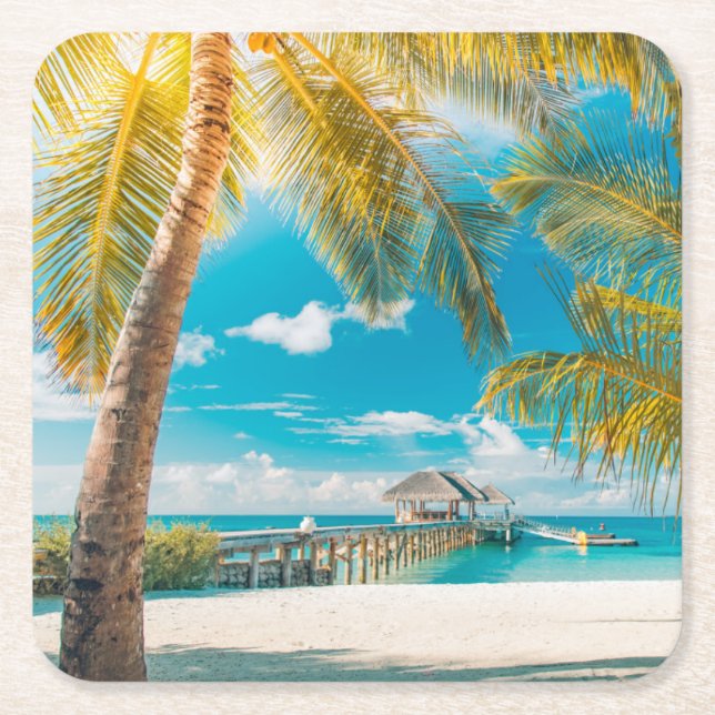 Palm Trees on A Beautiful Sunset Square Paper Coaster (Front)