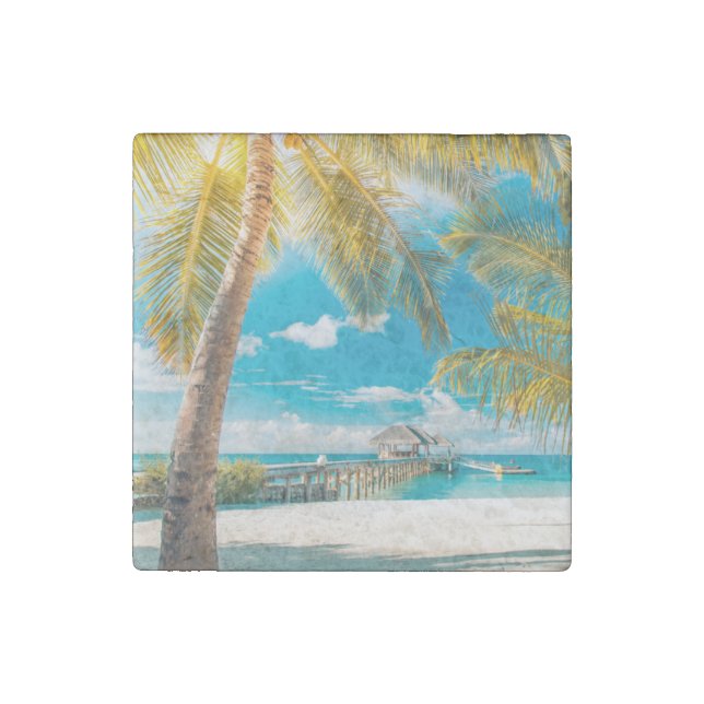 Palm Trees on A Beautiful Sunset Stone Magnet (Front)