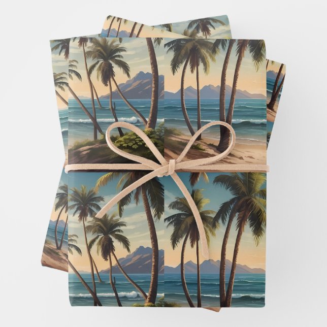 Palm trees on an island beach looking over the sea wrapping paper sheets (In situ)