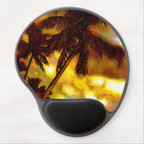 Palm Trees on Beach Artwork Yellow Brown Sky Gel Mouse Pad