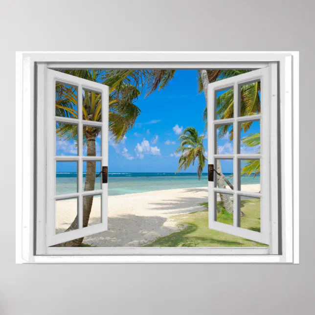 Palm Trees On Beach Ocean View Fake Window Poster | Zazzle