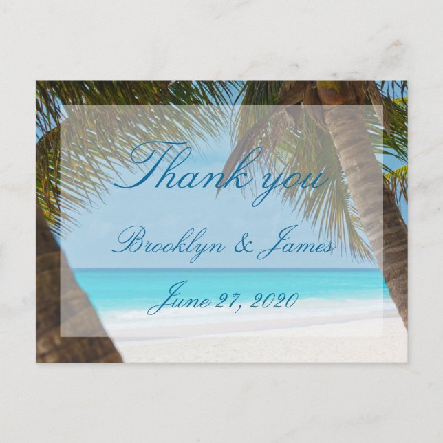 Palm Trees On Beach Wedding Thank You Postcards (Front)