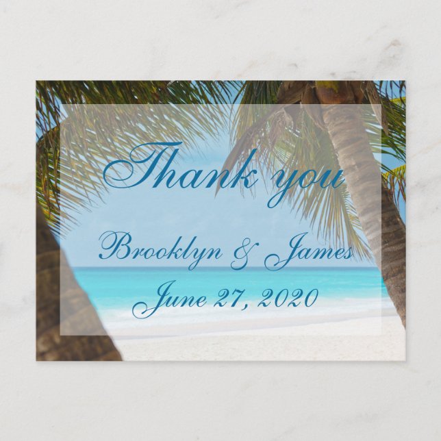 Palm Trees On Beach Wedding Thank You Postcards (Front)