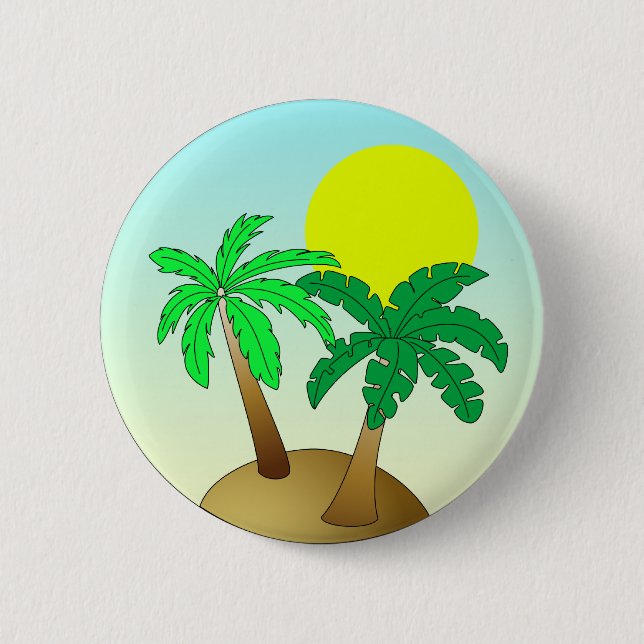Palm trees on blue with sun pinback button (Front)
