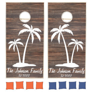 Palm Trees on Rustic Wood Family Name Year Beach  Cornhole Set