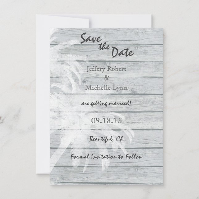 Palm Trees on Wood Beach Wedding Save the Date Invitation (Front)
