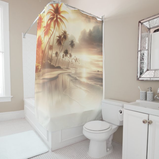 Palm Trees & Orange Sunset Beach  Shower Curtain (In Situ)