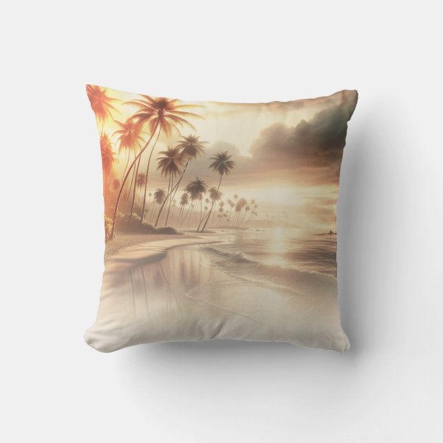 Palm Trees & Orange Sunset Beach  Throw Pillow (Front)
