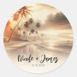Palm Trees &amp; Orange Sunset Beach Wedding Classic Round Sticker