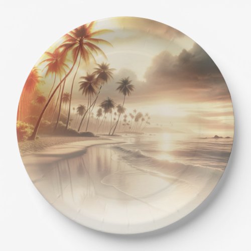 Palm Trees  Orange Sunset Beach Wedding Paper Plates