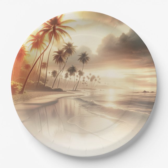 Palm Trees & Orange Sunset Beach Wedding Paper Plates (Front)