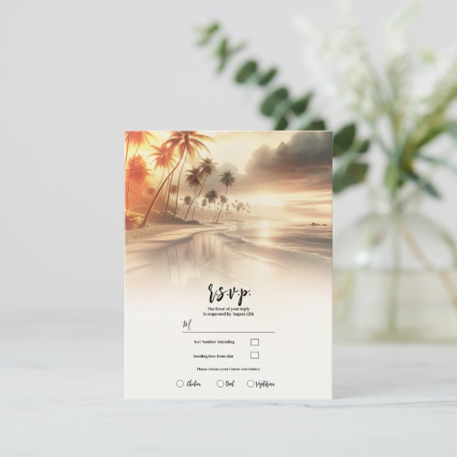 Palm Trees & Orange Sunset Beach Wedding RSVP Invitation (Standing Front)