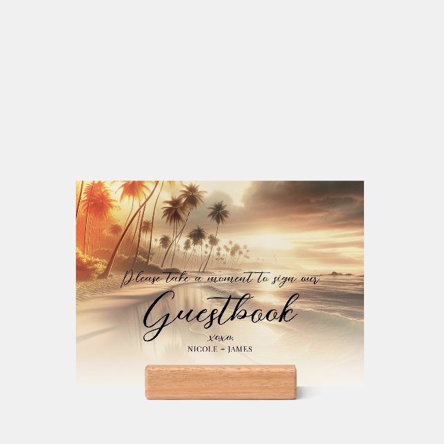 Palm Trees & Orange Sunset Beach Wedding Sign Holder (Woodblock)