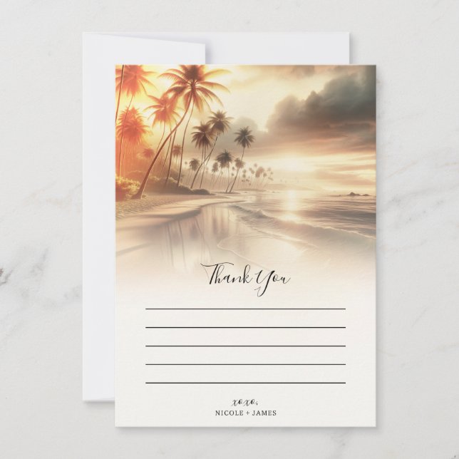 Palm Trees & Orange Sunset Beach Wedding Thank You Invitation (Front)