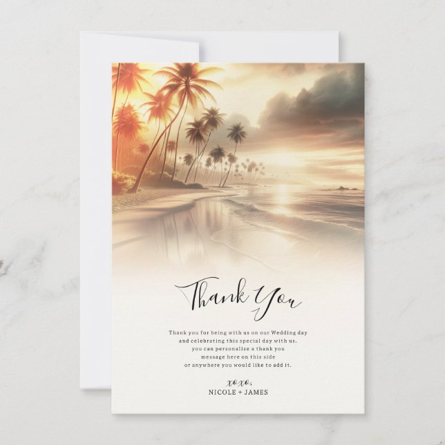 Palm Trees & Orange Sunset Beach Wedding Thank You Invitation (Front)
