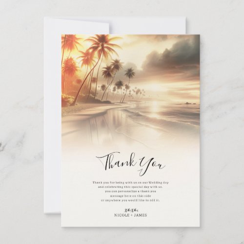 Palm Trees  Orange Sunset Beach Wedding Thank You Invitation