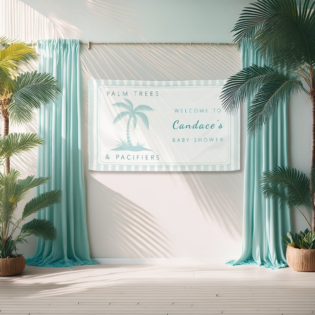 Palm Trees | Pacifiers Coastal Baby Shower Welcome Banner (Preppy coastal baby shower banner with aqua palm tree cabana stripe design)