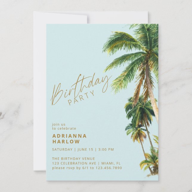 Palm Trees | Pastel Sky Blue Beach Birthday Party Invitation (Front)