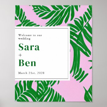 Palm Trees Pink   Green Beach Wedding Welcome  Poster by JillsPaperie at Zazzle