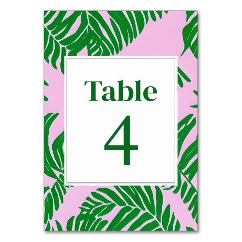 Palm Trees Pink  Green Modern Beach Wedding Table Number