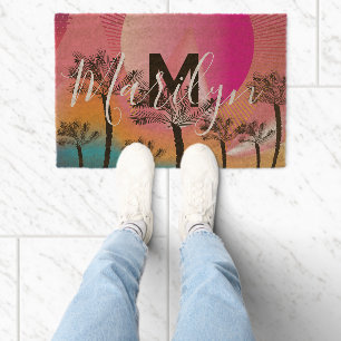 Palm Trees Pink Initial Name Tropical Plants Fiber Doormat