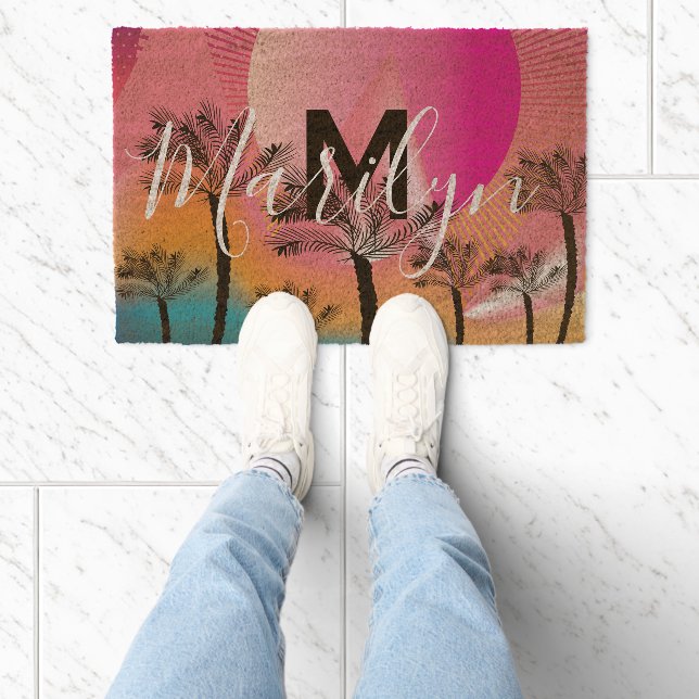 Palm Trees Pink Initial Name Tropical Plants Fiber Doormat (Insitu)