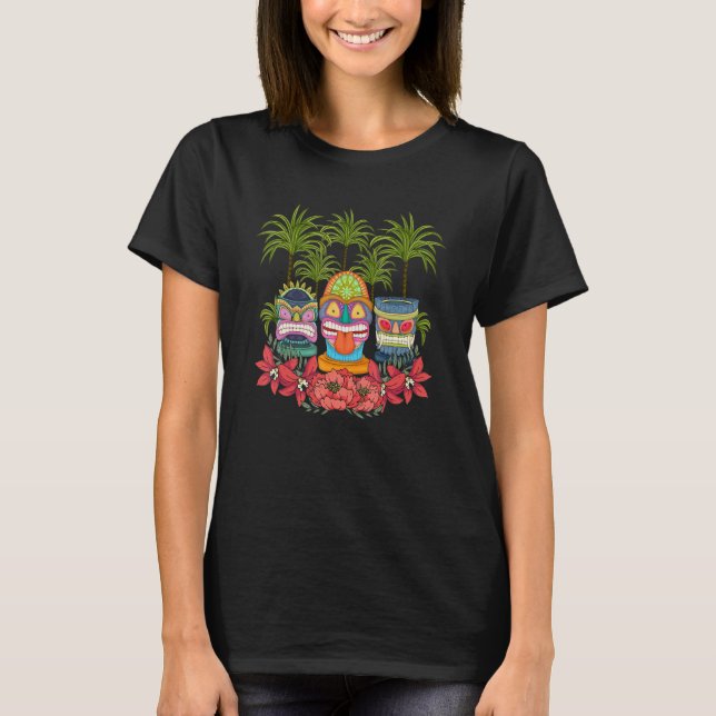 Palm Trees Polynesian Totem Hawaiian Flowers Tiki  T-Shirt (Front)