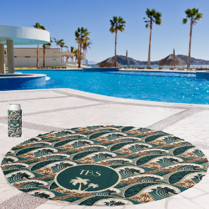 Palm Trees Polynesian Waves Vintage Beach Monogram Beach Towel