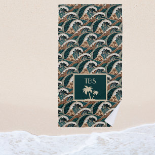 Palm Trees Polynesian Waves Vintage Beach Monogram Beach Towel