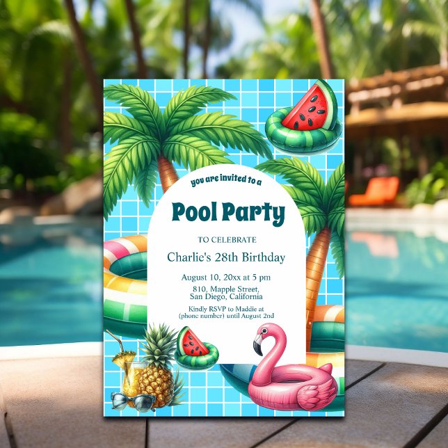 Palm Trees Pool Party Flamingo Birthday Invitation (Creator Uploaded)