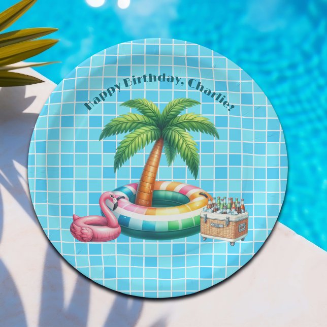 Palm Trees Pool Party Flamingo Birthday Party Paper Plates (Creator Uploaded)