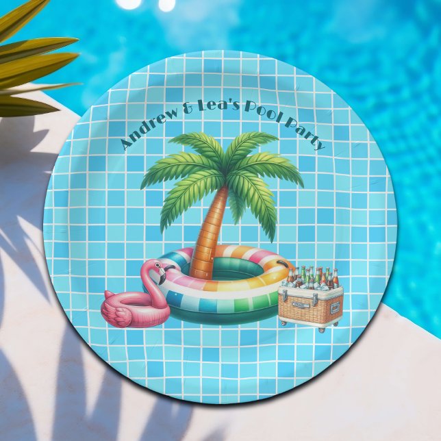 Palm Trees Pool Party Flamingo Paper Plates (Creator Uploaded)