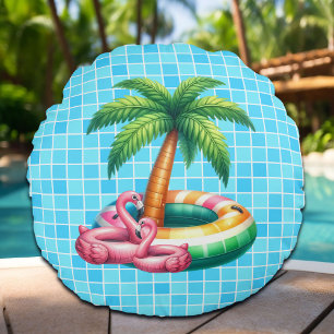 Palm Trees Pool Party Flamingo Round Pillow