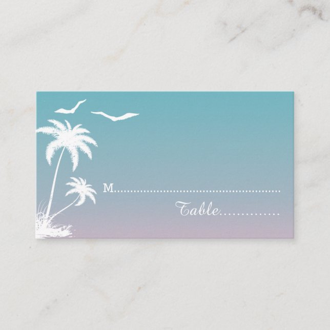 Palm trees & seagulls beach wedding place card (Front)