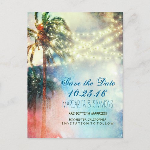 palm trees string lights beach save the date announcement postcard