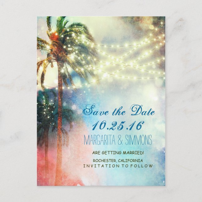 palm trees string lights beach save the date announcement postcard (Front)