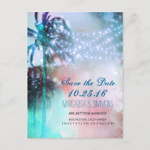 palm trees string lights beach save the date announcement postcard