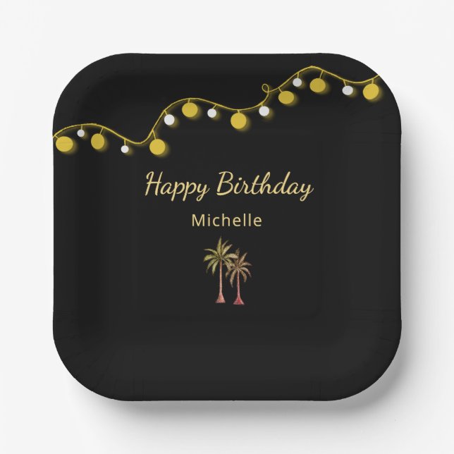 Palm Trees String Lights Tropical Birthday Party Paper Plates (Front)
