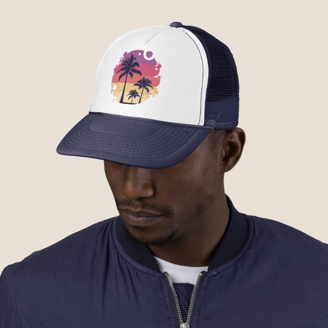Palm Trees Sunset Logo Trucker Hat (In Situ)
