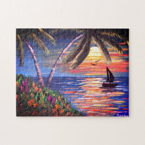 Palm Trees Sunset Ocean Painting  Bright Jigsaw Puzzle
