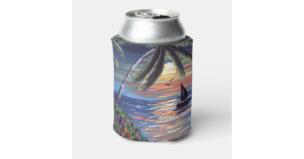 Palm Trees Sunset Ocean Painting Can Cooler Zazzle Com