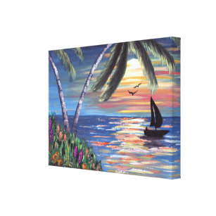 Palm Trees Sunset Ocean Painting Canvas Print