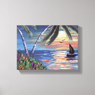 Palm Trees Sunset Ocean Painting Canvas Print