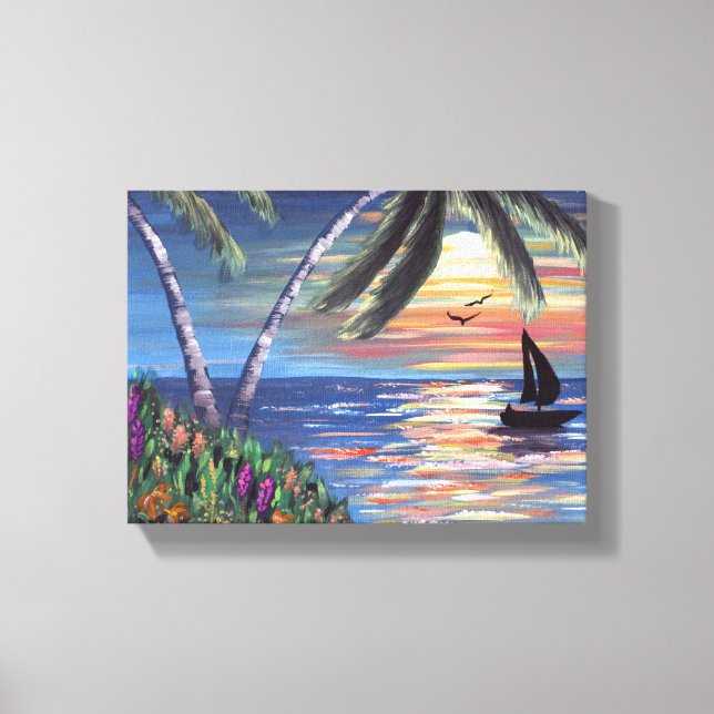 Palm Trees Sunset Ocean Painting Canvas Print (Front)