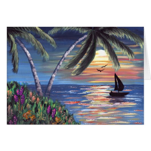 Palm Trees Sunset Ocean Painting Cards (Front Horizontal)