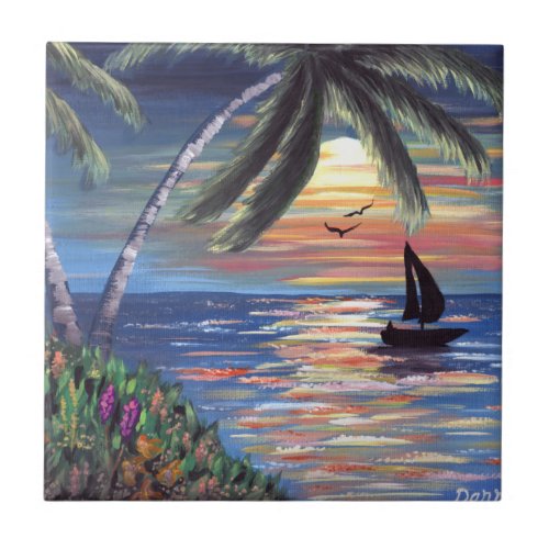 Palm Trees Sunset Ocean Painting Ceramic Tile