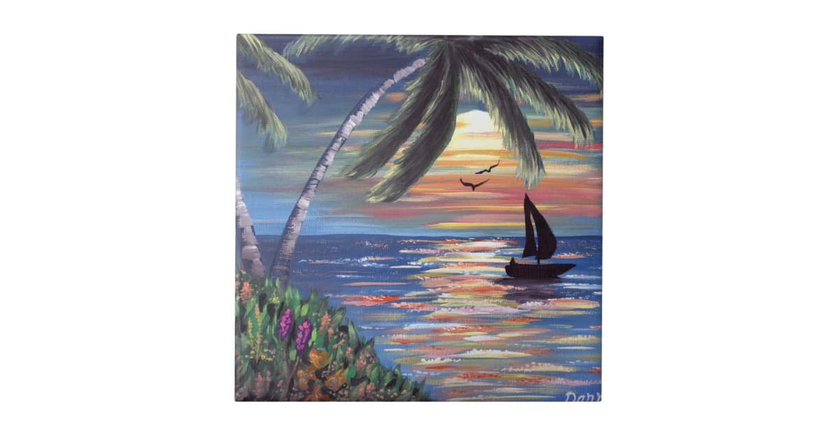 Palm Trees Sunset Ocean Painting Ceramic Tile Zazzle Com