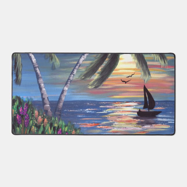 Palm Trees Sunset Ocean Painting Desk Mat (Front)