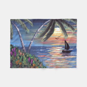Palm Trees Sunset Ocean Painting Fleece Blanket by ironydesignphotos at Zazzle